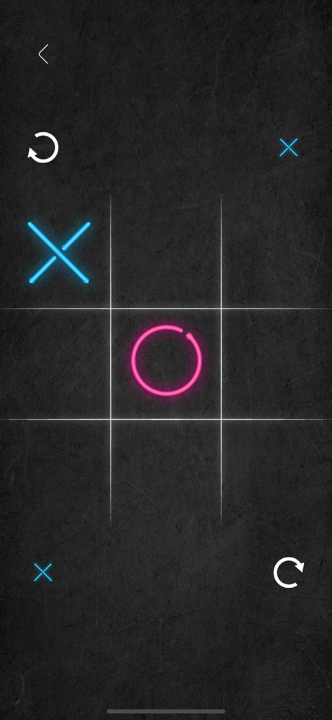 XO - Tic Tac Toe - 2 Player - Gameplay screen of a neon style Tic Tac Toe game with a blue X and a pink O on a dark background