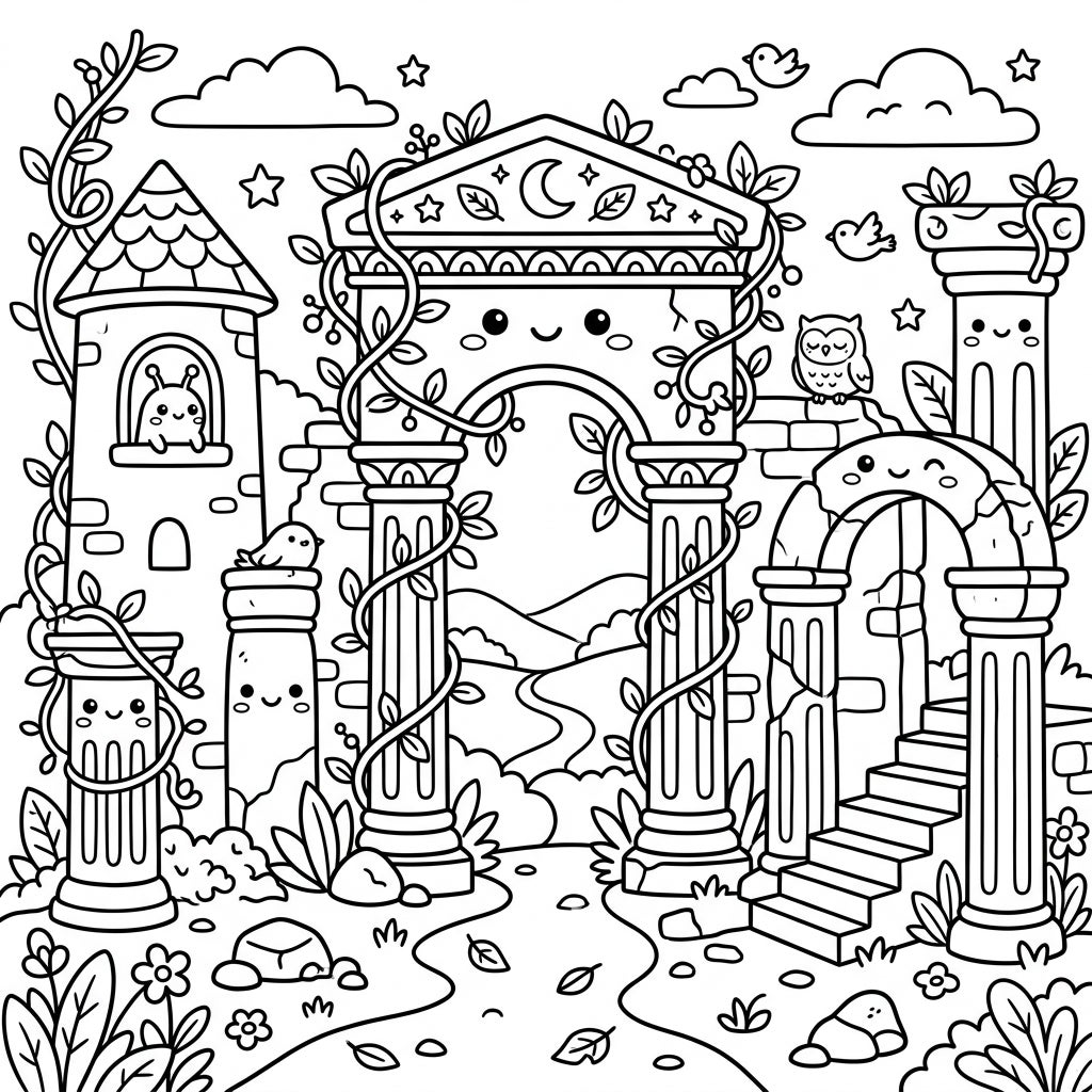 Kawaii Ancient City Ruins Coloring Page - Free & Printable — Color Pop
