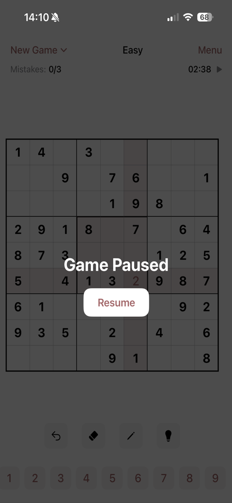 Interface of the Just Sudoku app showing a paused game on easy difficulty with a resume button