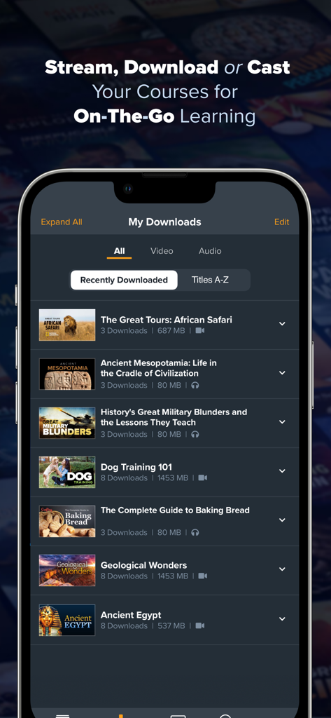 The Great Courses - The Great Courses mobile app interface showing a list of downloaded educational lectures for offline video and audio learning