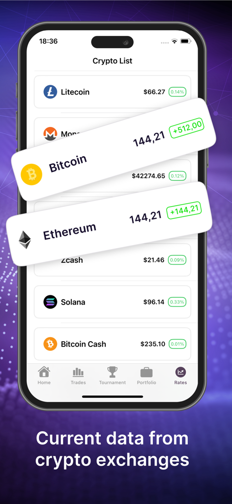 Crypto Capital - Pantalla de smartphone que muestra la aplicación Crypto Capital con una lista de precios de criptomonedas y datos de mercado.