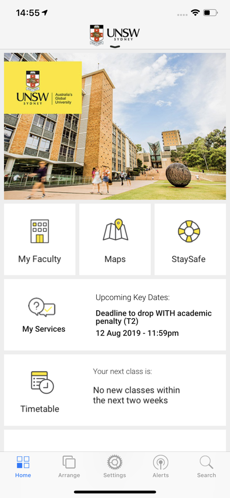 UNSW Uni-Verse: Official - UNSW Uni Verse app home screen displaying student dashboard and navigation icons
