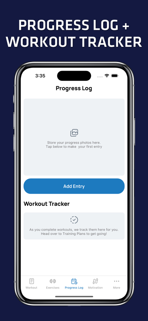 Home Workout No Equipment. - Interfaz de usuario de la aplicación Rutina en Casa Sin Equipo que muestra las funciones de Registro de Progreso y Rastreador de Rutinas para hombres.