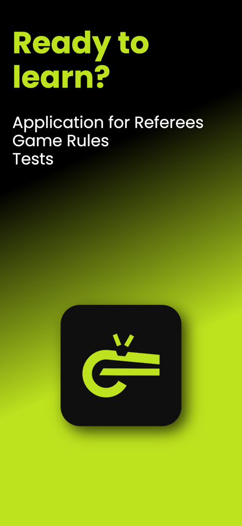 RefereeWise app splash screen featuring a whistle logo and text for soccer referee game rules and tests