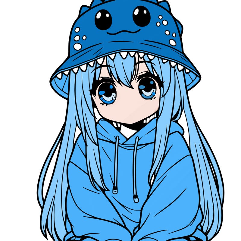 girl with anime shaped eyes with a dinosaur bucket hat oversized sweatshirt long straight hair