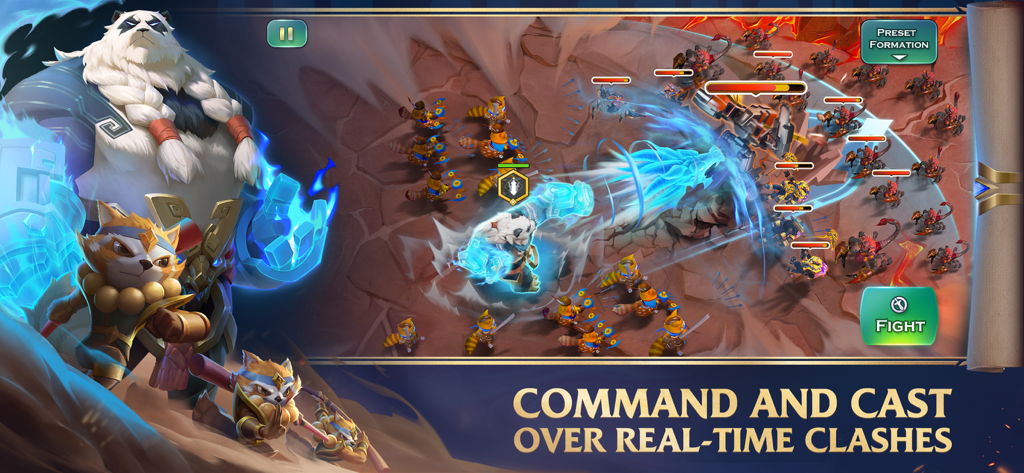 Um herói a lançar uma habilidade brilhante e poderosa durante uma batalha tática em tempo real no Art of Conquest