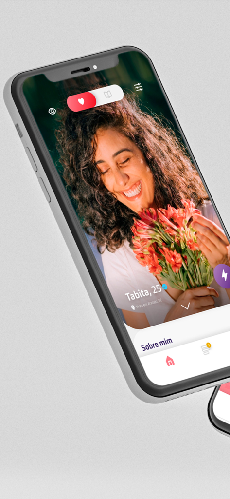 Caná Encontros pela Fé - A user profile screen on the Cana Christian dating app showing a smiling woman holding flowers