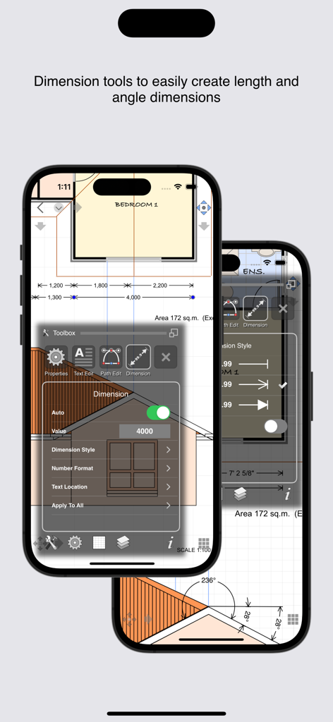 iDesign Mobile App-Oberfläche zeigt Längen- und Winkelbemaßungswerkzeuge für architektonische und technische Zeichnungen.