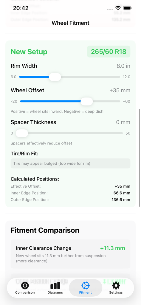 ホイール＆タイヤのマッチングアプリのインターフェース。クリアランスの結果とともに、リム幅とオフセットの調整を表示。
