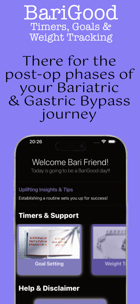 Tela inicial do aplicativo BariGood para suporte pós-operatório bariátrico e de bypass gástrico