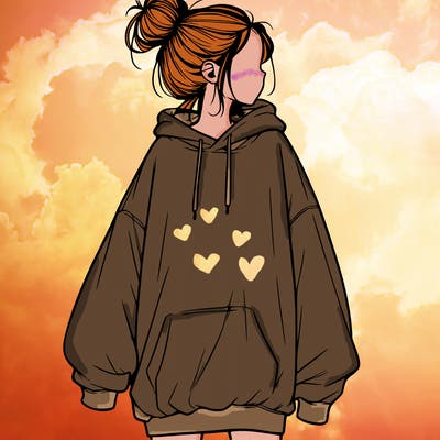 realistic girl with a oversized sweatshirt on and a bun