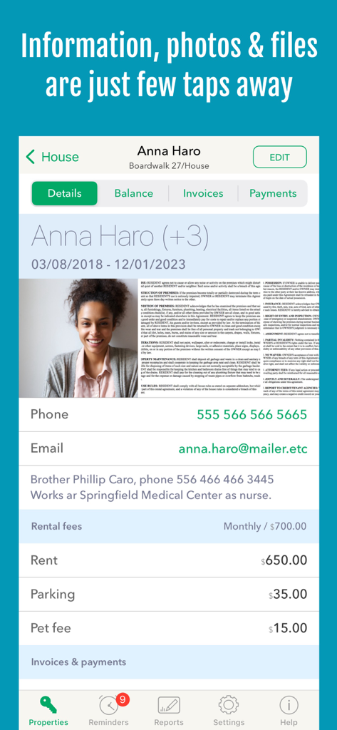 Landlordy Rent Manager - Landlordy app screenshot showing a tenant profile with contact information lease documents and monthly rental fee breakdown