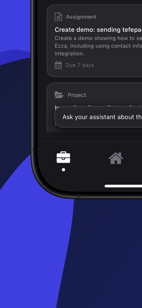 AI Companion app - WitAI Agent - WitAI Agent app interface showing task assignments and project management tools in dark mode.