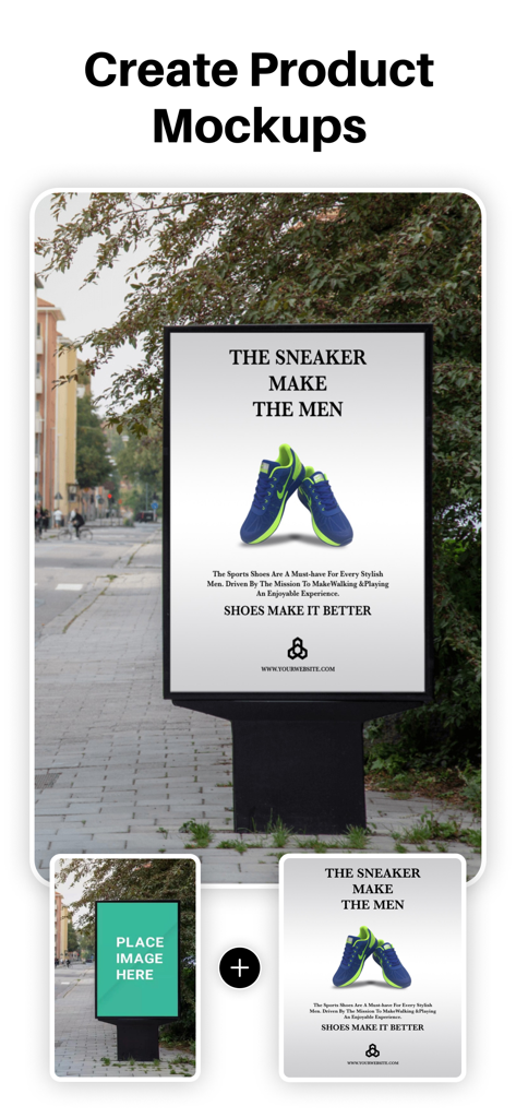 Advertisement Maker app interface showing how to create a professional product mockup on a street billboard for a sneaker brand.