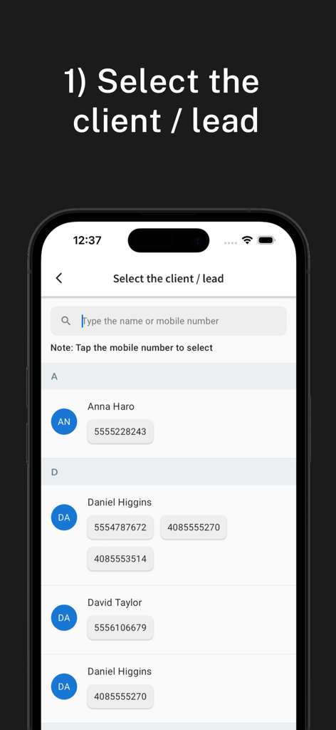 LeedsApp: Lead Management CRM - LeedsApp CRM mobile interface for selecting a client or lead from a contact list