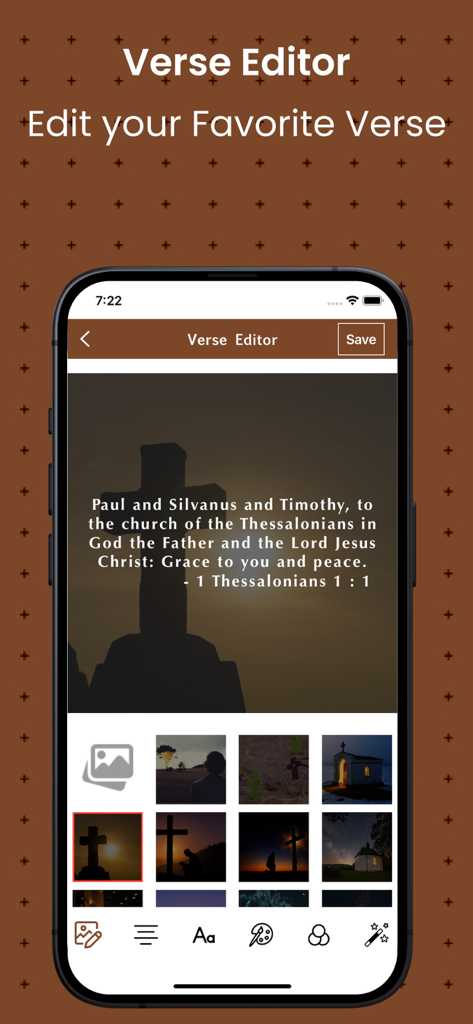 Verse editor screen in the Simple English Bible app showing a verse over a silhouette of a cross at sunset