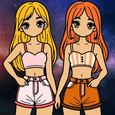 two sisters with crop tops and jean shorts and straight hair
