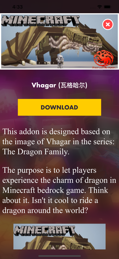 Morph Addons For Minecraft - Vista previa del mod de dragón Vhagar para Minecraft con botón de descarga