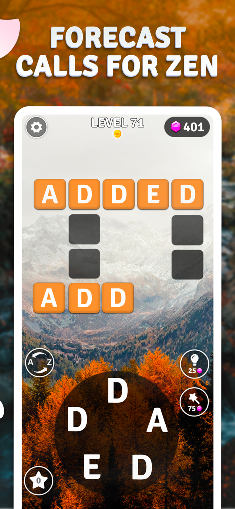 Word Breeze gameplay showing a crossword puzzle over a relaxing autumn mountain background.
