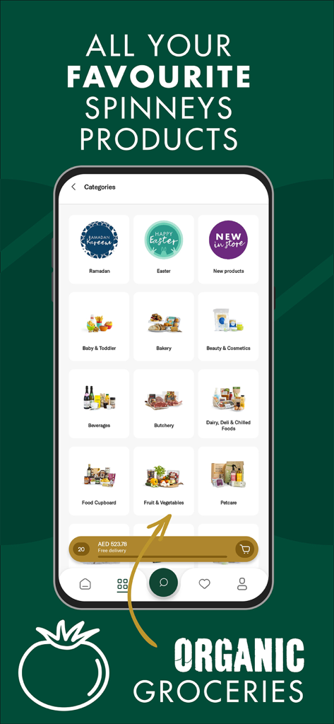 Spinneys app interface showing various grocery shopping categories like Butchery, Bakery, and Fruits and Vegetables.