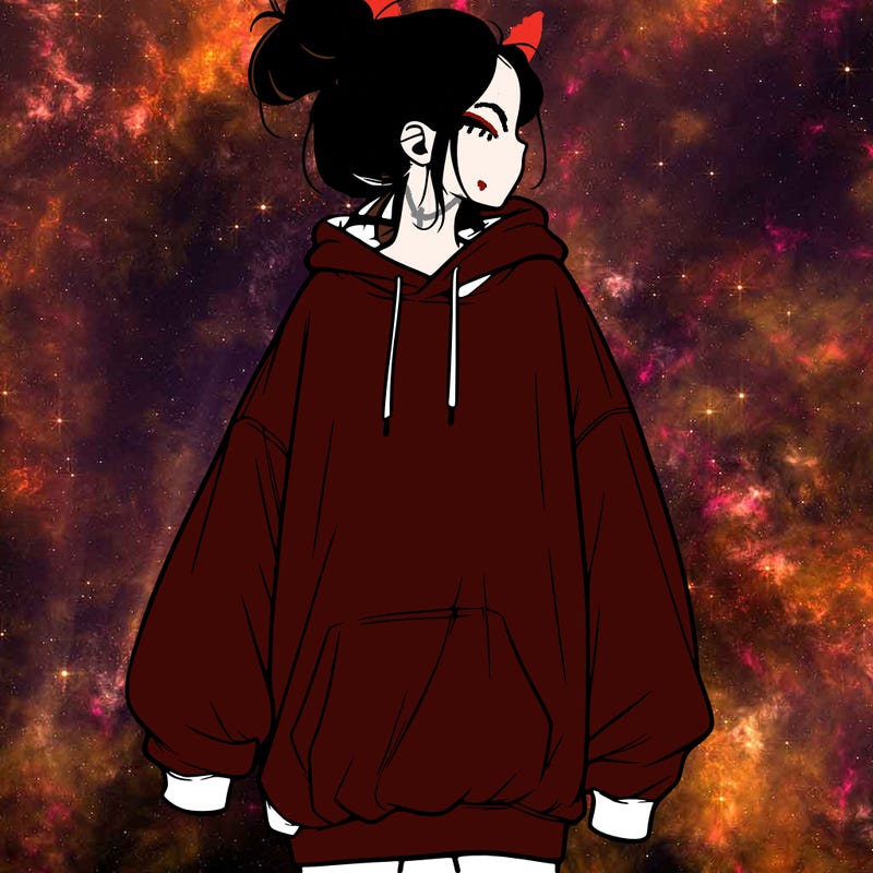 realistic girl with a oversized sweatshirt on and a bun