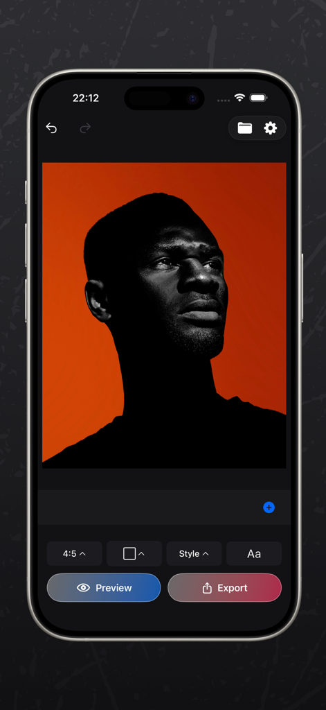 Stitch : Collage Maker - Stitch app interface showing a photo editing project with a portrait on an orange background