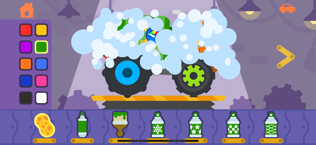 Ein Monstertruck voller Seifenblasen mit bunten Malwerkzeugen am unteren Rand