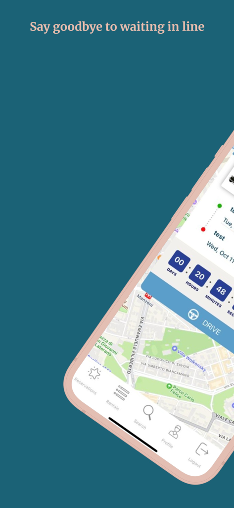 Zippy App - Screenshot of the Zippy car rental app showing a map interface and a countdown timer for a rental period.