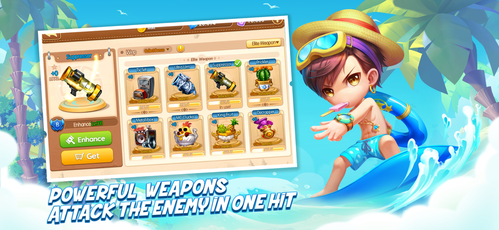 Tela do DDTank Mobile exibindo a coleção de armas de elite e um personagem chibi surfista.