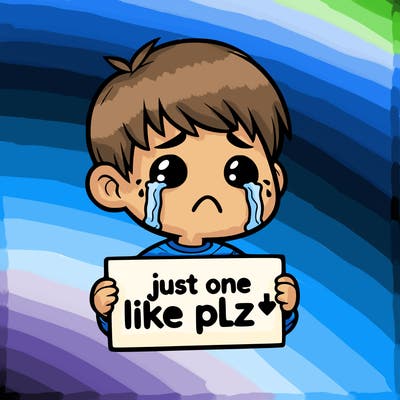 realistic crying boy with a sign saying just one like plz