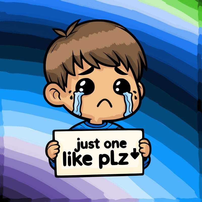 realistic crying boy with a sign saying just one like plz