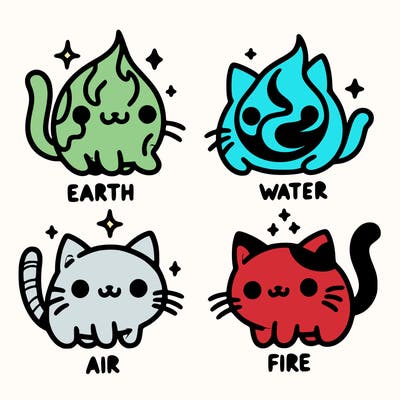 4 cats that represent the different elements, earth, water, air, and fire