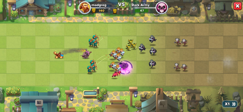 A tactical battle in Top Troops Adventure RPG showing player squads facing off against the Dark Army on a gridded field.