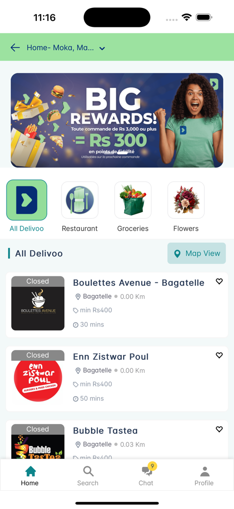 Delivoo customer - Delivoo mobile app home screen showing food and grocery delivery categories in Mauritius