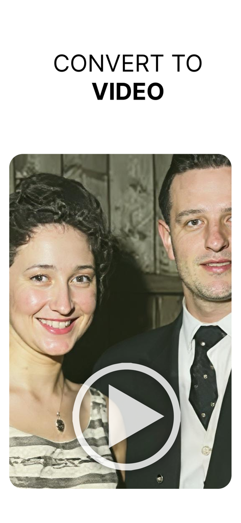 Remory: Colorize & Animate - A colorized vintage photo of a smiling couple with a play button overlay for video animation