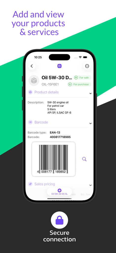 DoliApp: My Dolibarr ERP CRM - iPhone-Bildschirm, der Produktdetails und Barcode-Verwaltung in der DoliApp ERP-App zeigt.