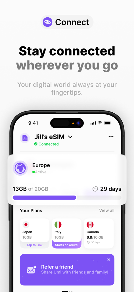 Umi: Universal eSIM & Data - Interface de l'application mobile Umi montrant l'état de la connexion eSIM mondiale et les forfaits de données pour l'Europe, le Japon, l'Italie et le Canada.