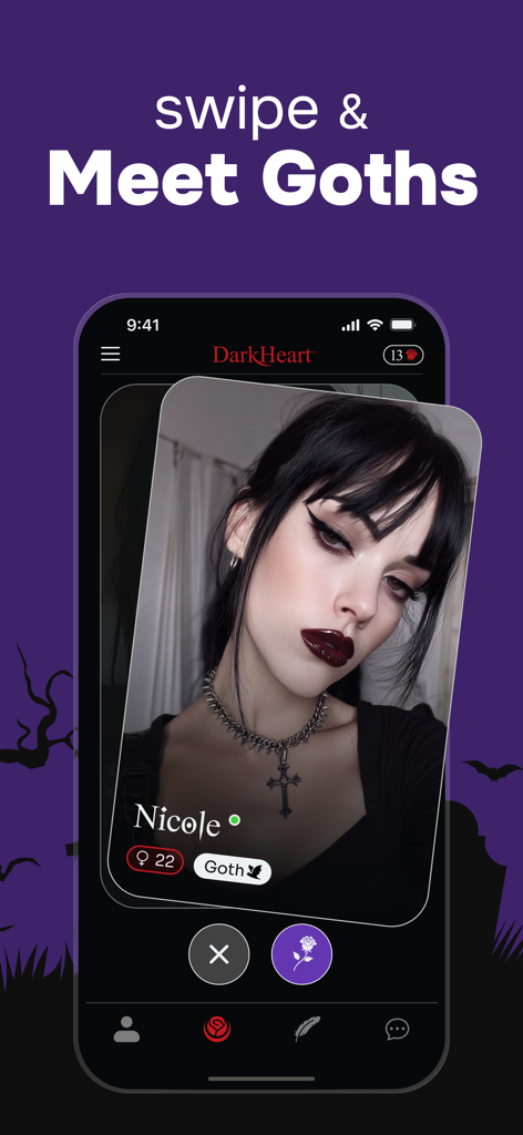 DarkHeart: Goth Dating App - DarkHeart goth dating app interface showing a user profile and swipe options.
