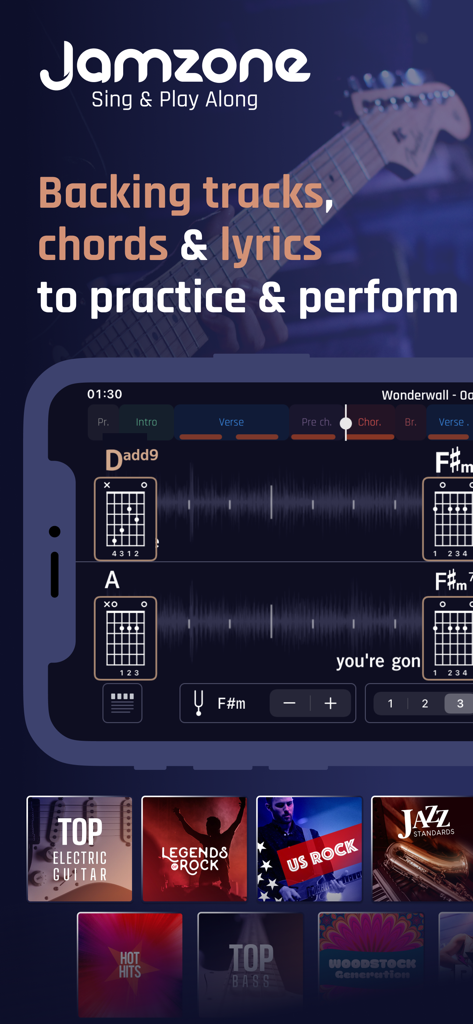 Jamzone mobile App-Oberfläche mit Gitarrenakkorddiagrammen und Backing-Tracks für Musikpraxis und Performance.