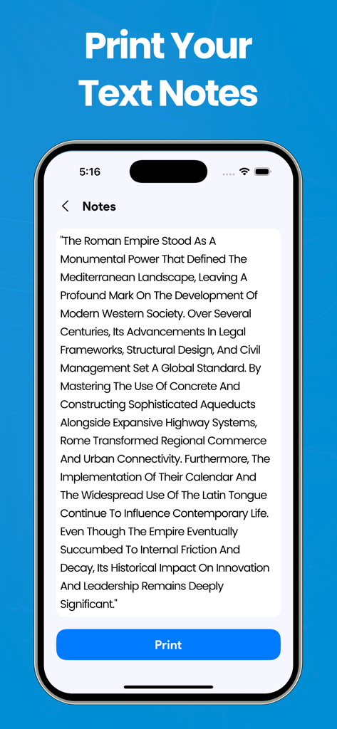 Smart Printer App & Scanner ´ - Interfaz que muestra la función de impresión de notas de texto con una nota de estudio sobre el Imperio Romano y un botón de impresión