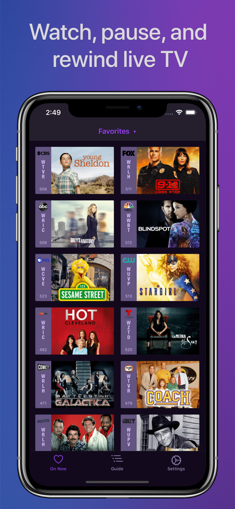 Interface do aplicativo Channels mostrando uma grade de favoritos de TV ao vivo, incluindo Young Sheldon e Vila Sésamo