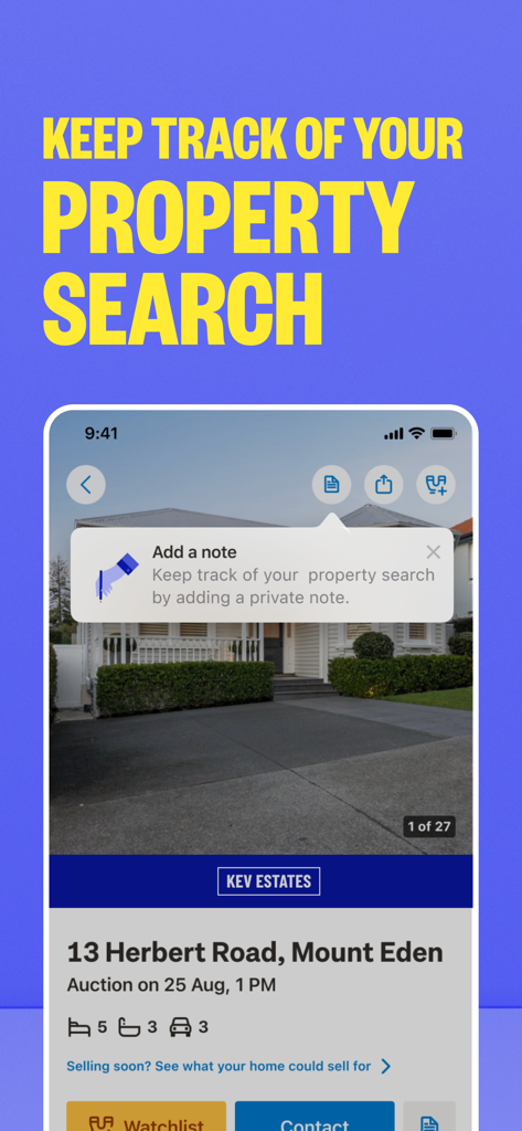 Interfaz de la aplicación Trade Me Property que muestra la función de añadir una nota en un anuncio