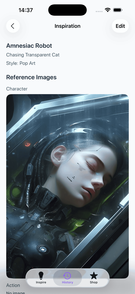Yoban - Yoban-App-Bildschirm, der einen kreativen Prompt für einen Amnesie-Roboter mit einem Charakter-Referenzbild zeigt