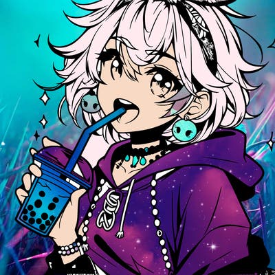 hot baddie anime girl drinking boba and biting the straw