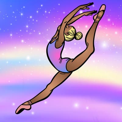 gymnast doing a leap in a leotard with a bent back leg