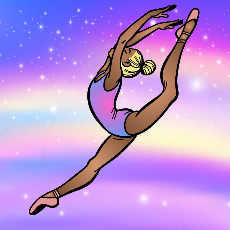 gymnast doing a leap in a leotard with a bent back leg