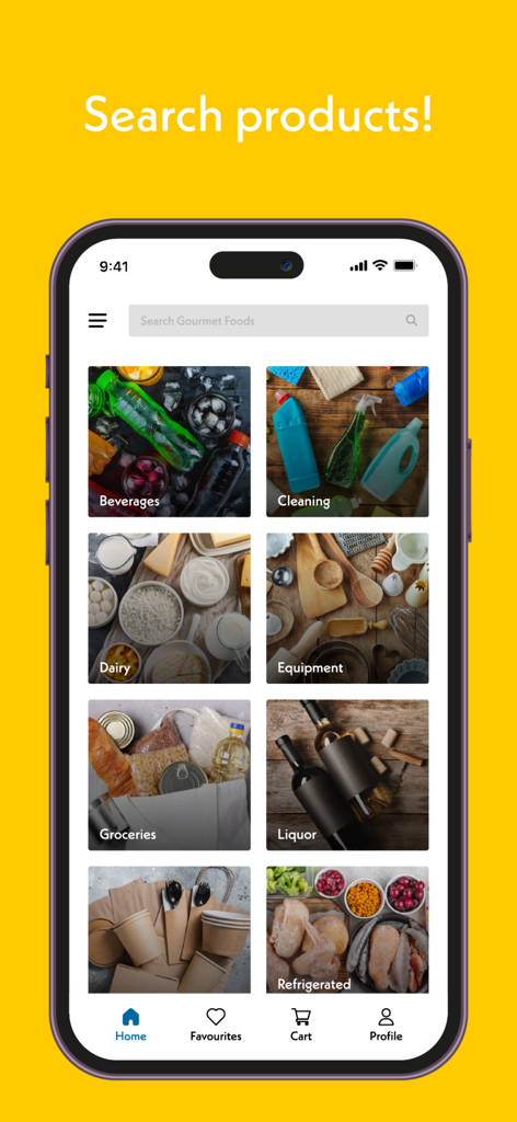 Gourmet Foods app home screen showing wholesale product categories for professional kitchens.