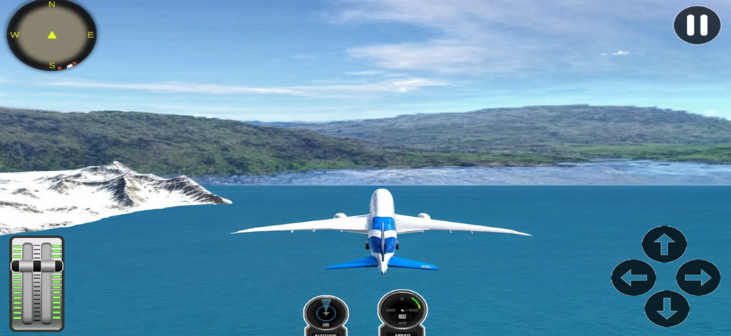 Flight Simulator & Plane Game - Commercial airplane flying over the ocean near snowy mountains in a 3D flight simulator game
