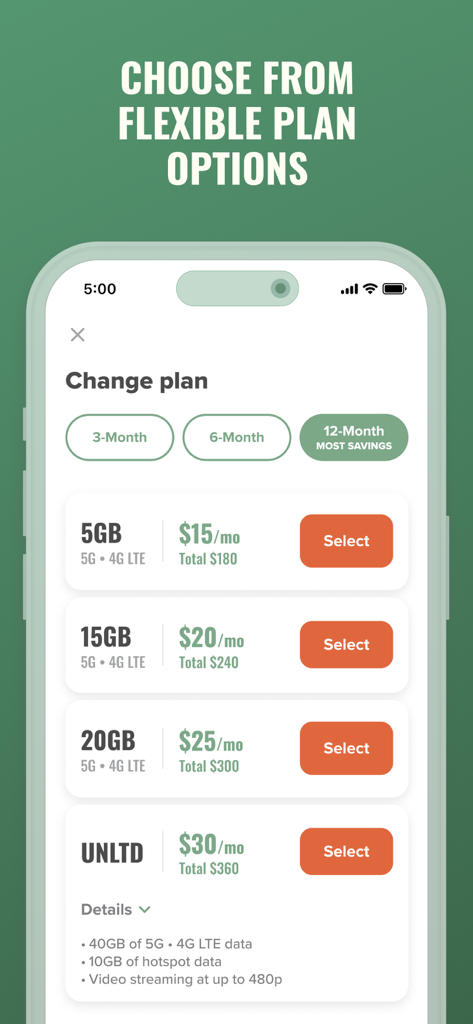 Mint Mobile - Mint Mobile app interface showing flexible wireless plan options and pricing tiers
