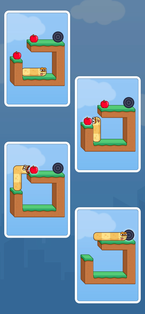 Snake Puzzle: Slither Master - A four-step gameplay sequence showing a snake character eating apples to solve a logic puzzle and reach the exit.